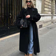 Double-Breasted Belted Wool Blend Trench Coat for Women