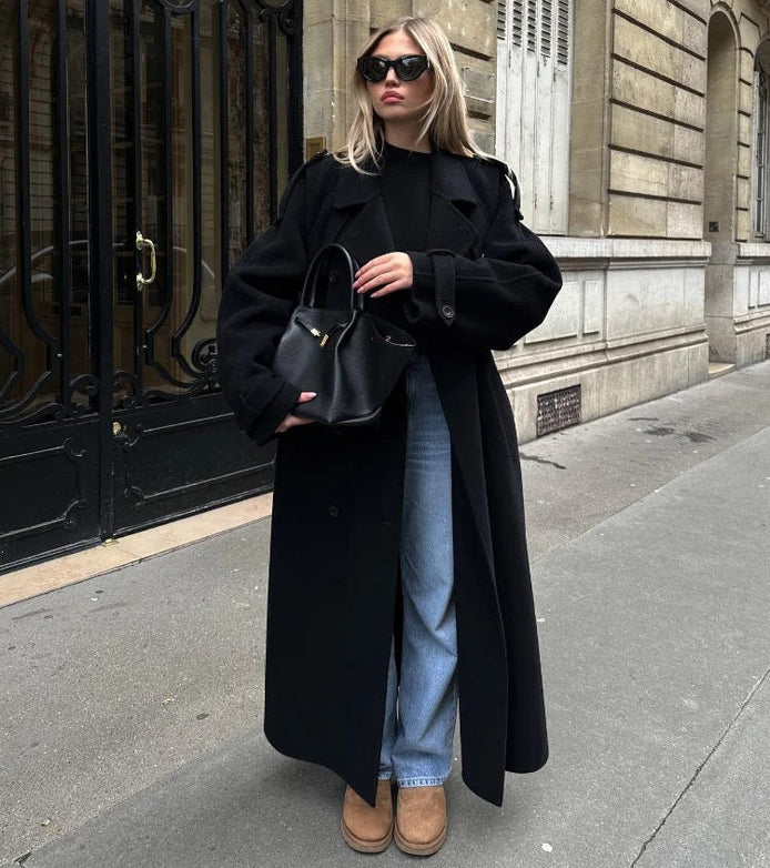 Double-Breasted Belted Wool Blend Trench Coat for Women