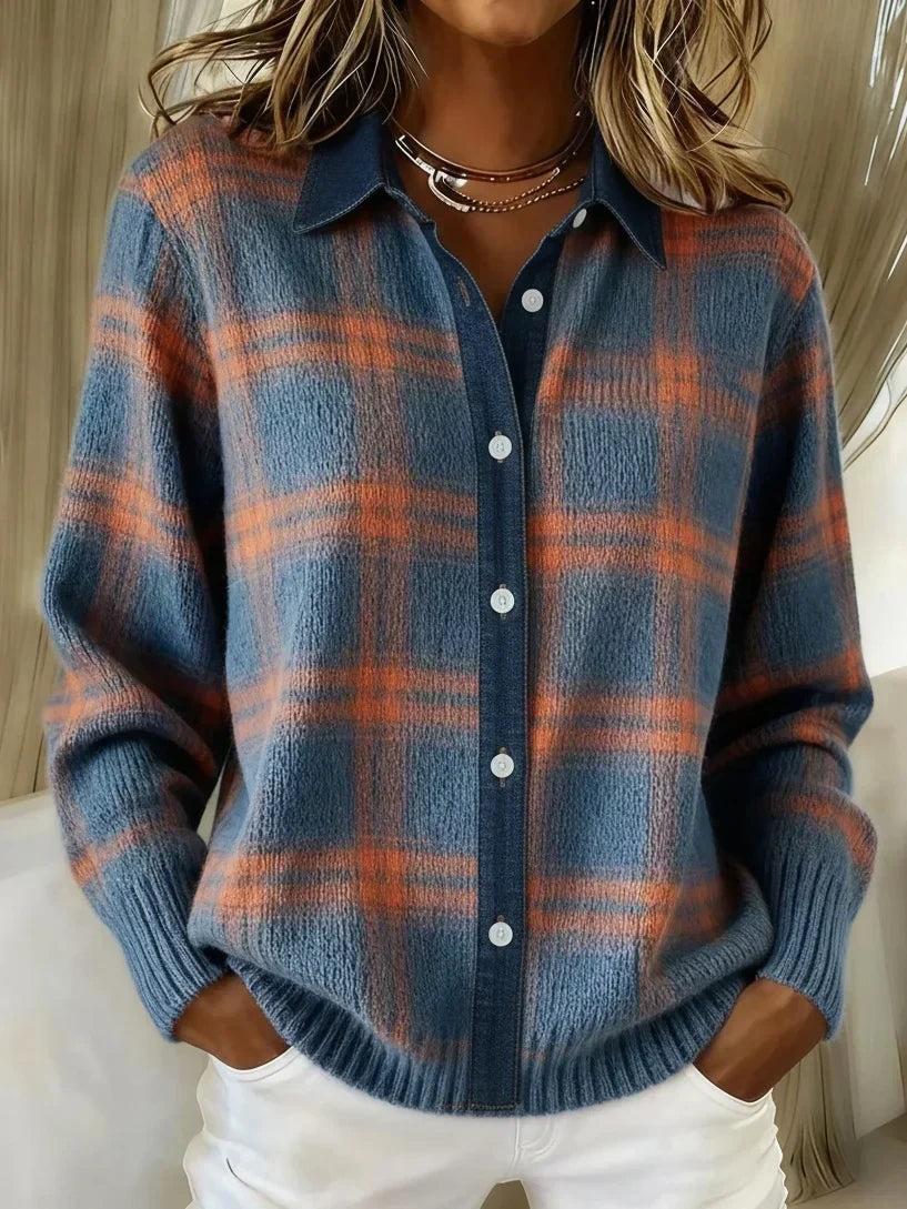 Ofelia Plaid Knitted Jumper Longline Button-Front Cardigan Sweater