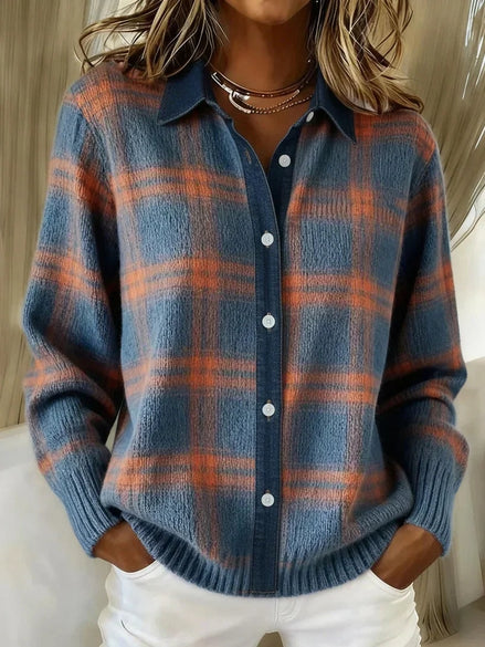 Ofelia Plaid Knitted Jumper Longline Button-Front Cardigan Sweater