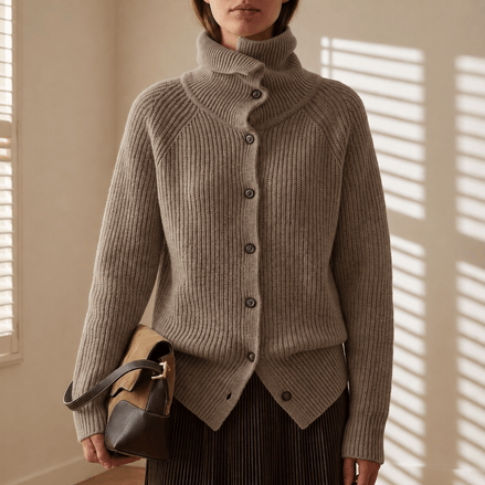Antiparos Ribbed Turtleneck Wool Blend Knitted Cardigan for Women