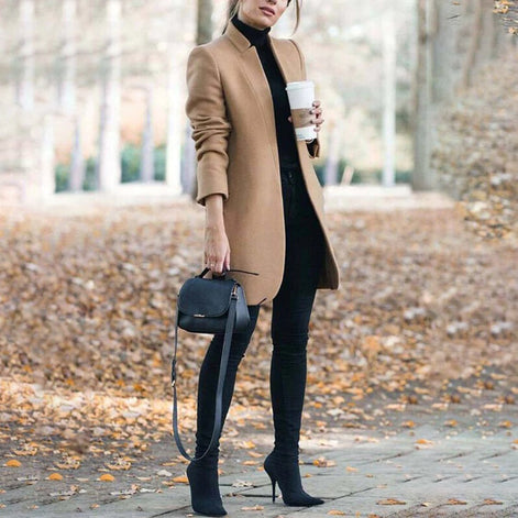 Leanne Collarless Long Wool Blend Winter Coats Women Open Front