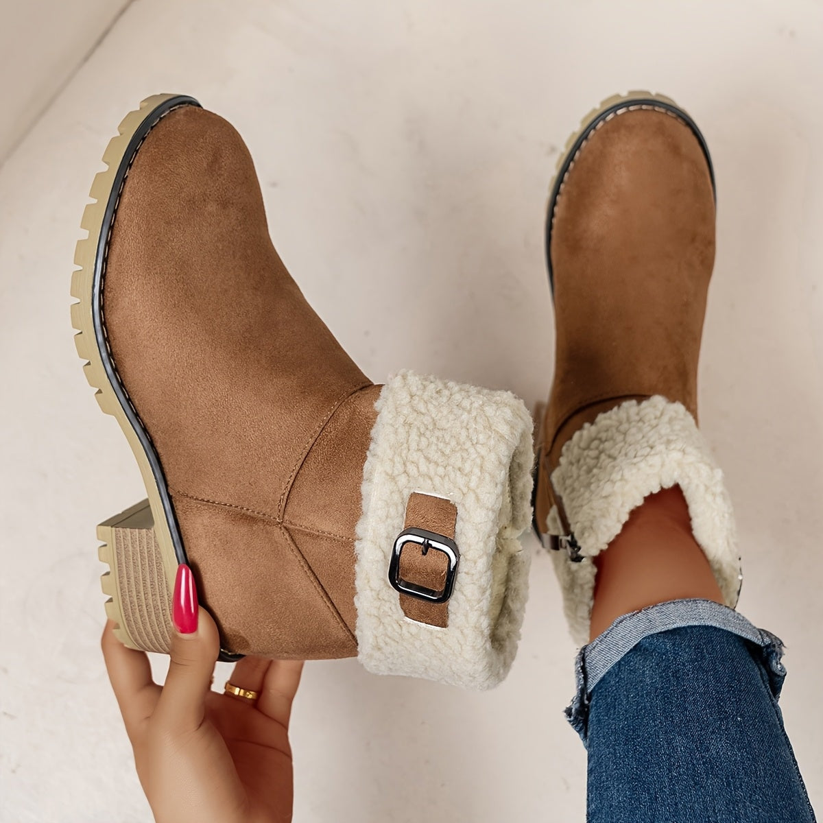 Women's Faux Suede Ankle Boots with Shearling Cuff and Block Heel
