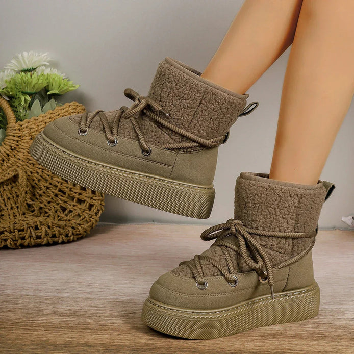 Womens Faux Shearling Ankle Lace Up Winter Boots Platform Sole