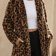 Leora Women's Leopard Print Faux Fur Longline Winter Coat with Open Front