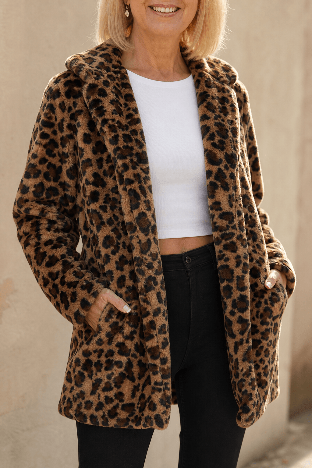 Leora Women's Leopard Print Faux Fur Longline Winter Coat with Open Front
