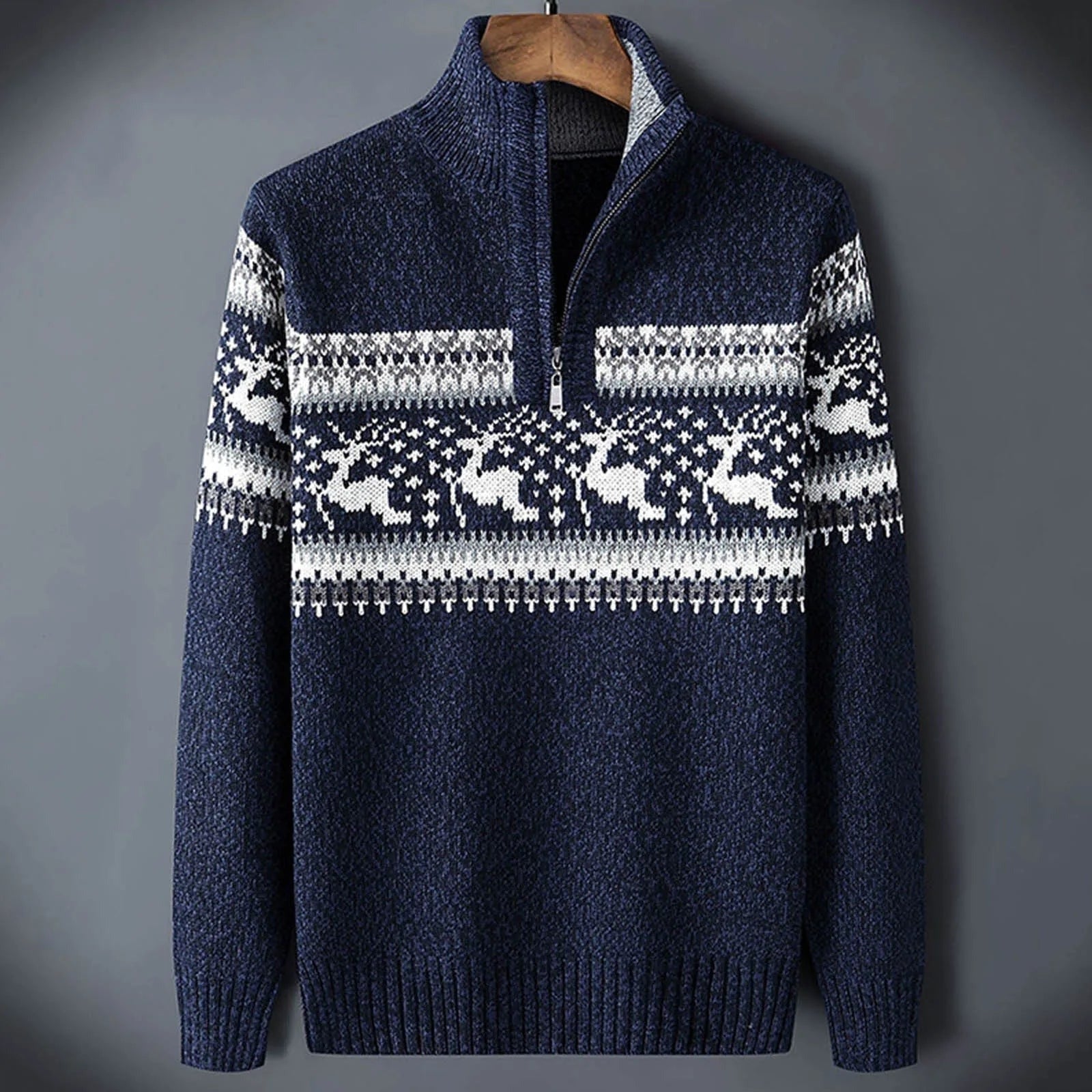 Reindeer Fair Isle Quarter Zip Acrylic Knit Mens Knit Sweater