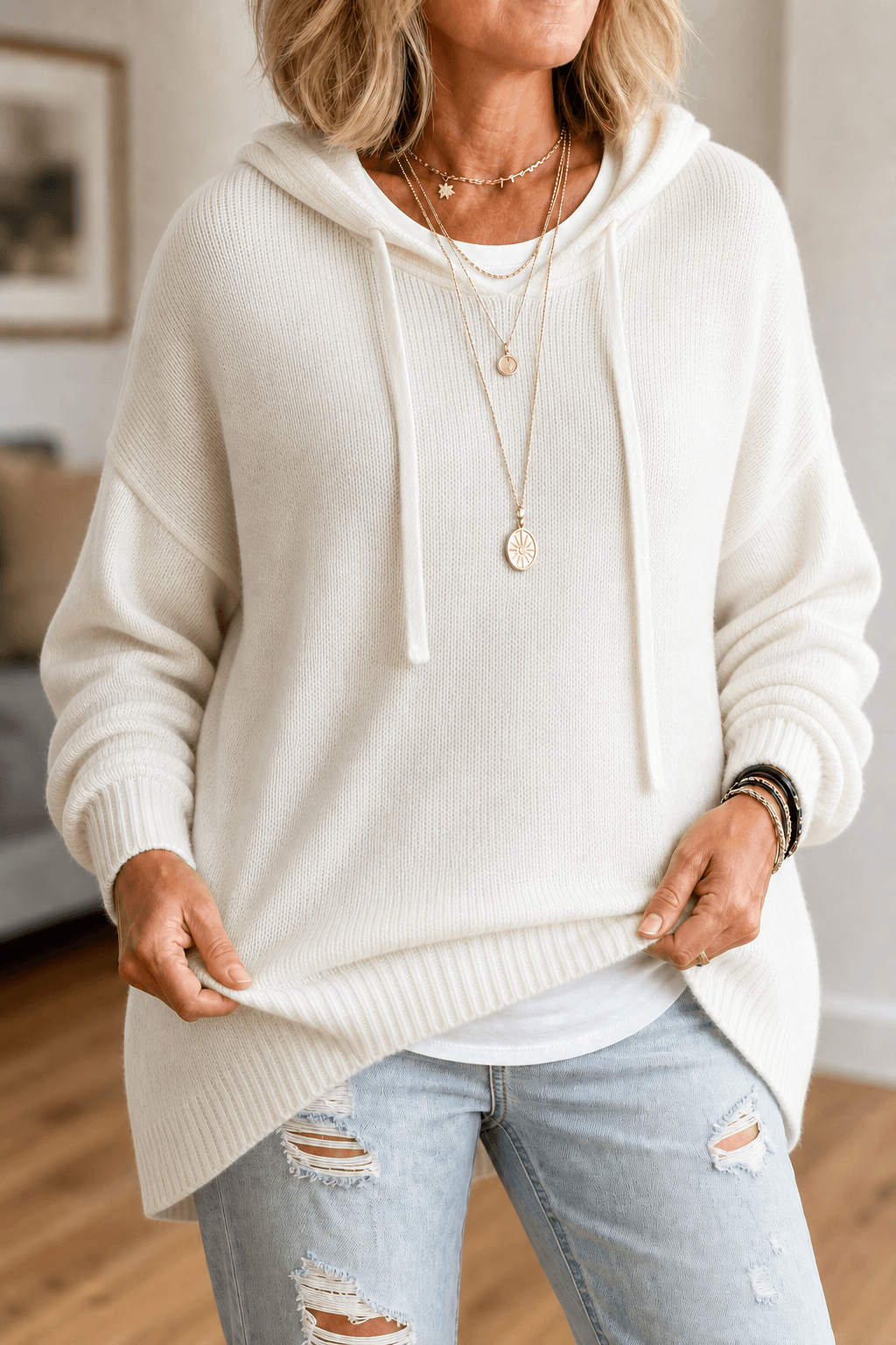 Women's Oversized Hooded Acrylic Knitted Jumper with Drawstring