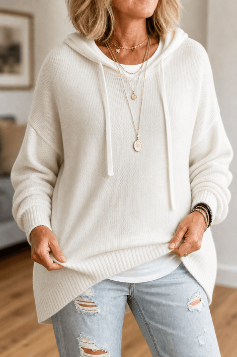 Women's Oversized Hooded Acrylic Knitted Jumper with Drawstring