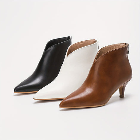 Women's Pointed-Toe Faux Leather Ankle Boots with Kitten Heel and Back Zip