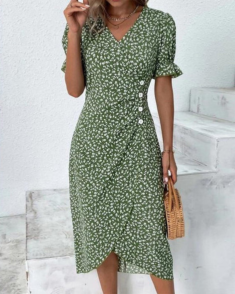 Floral Wrap Midi Dress in Polyester for Autumn and Christmas Parties