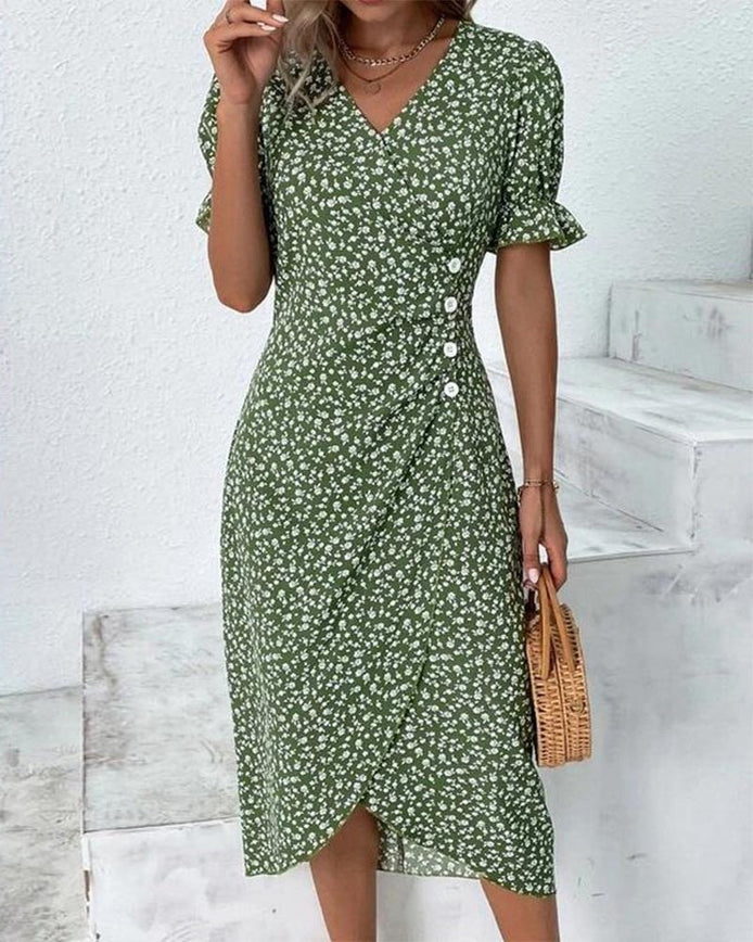 Floral Wrap Midi Dress in Polyester for Autumn and Christmas Parties