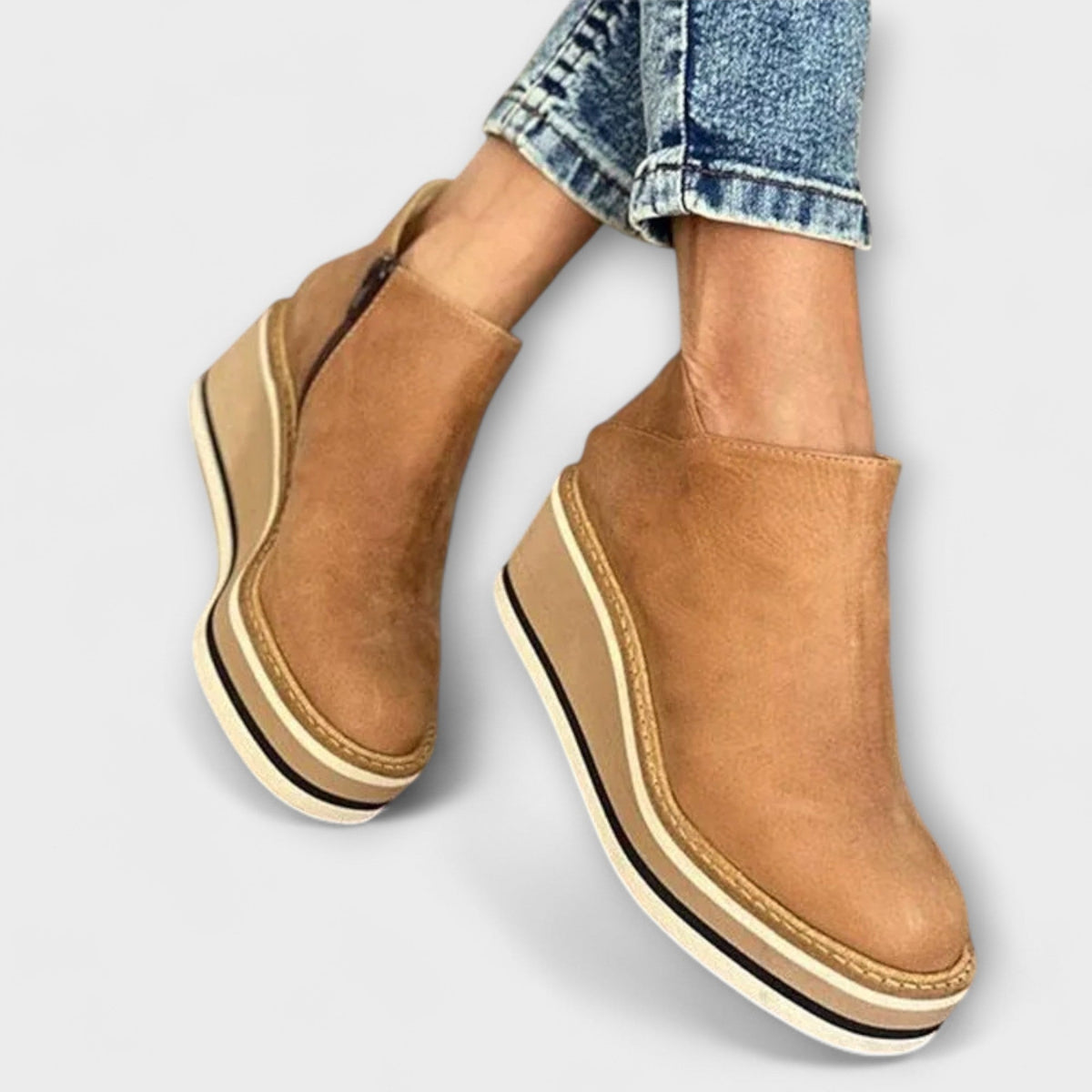 Courtney Faux Leather Wedge Boots for Women with Side Zip and Round Toe