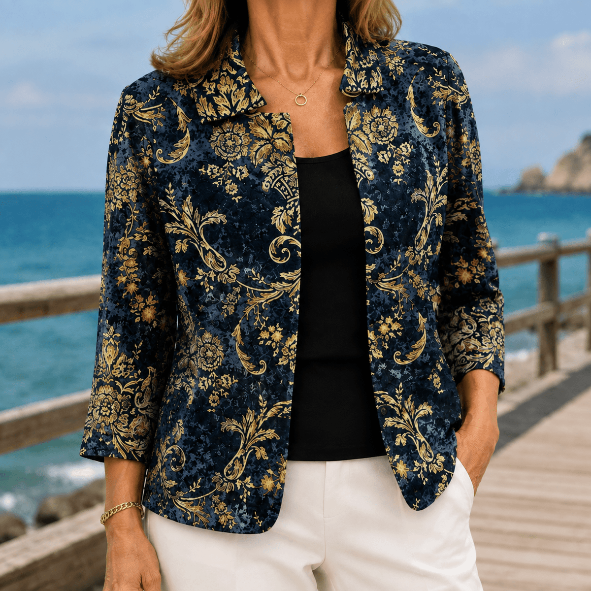Hallie-Rose Baroque Print Open-Front Jacket for Women in Tailored Fit