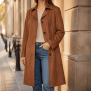 Women's Unstructured Suede-Look Long Coat with Button Front