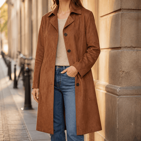 Women's Unstructured Suede-Look Long Coat with Button Front