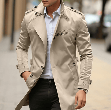 Men's Double-Breasted Long Trench Coat With Epaulette Detail Mens Coats