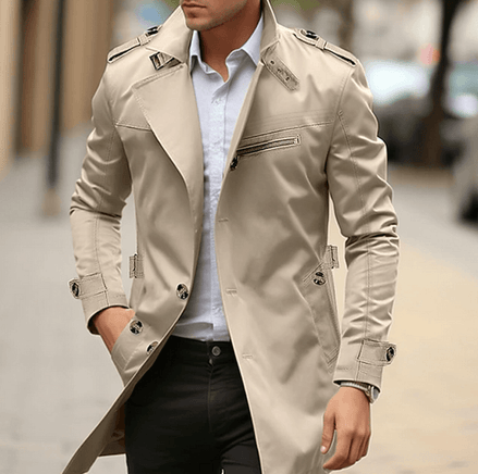 Men's Double-Breasted Long Trench Coat With Epaulette Detail Mens Coats