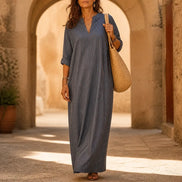 Striped V-Neck Maxi Dress with Pockets and Long Sleeves