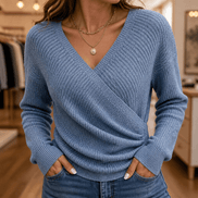 Women's Cinchable Crossover Wrap V-Neck Knitted Jumper with Side Gather