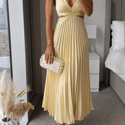 Sanne Pleated Satin Cutout Midi Dress for Women with V-Neck