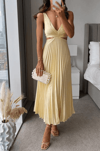 Sanne Pleated Satin Cutout Midi Dress for Women with V-Neck