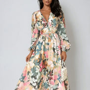 Floral Print Long Sleeve Chiffon Midi Christmas Party Dress for Special Occasions