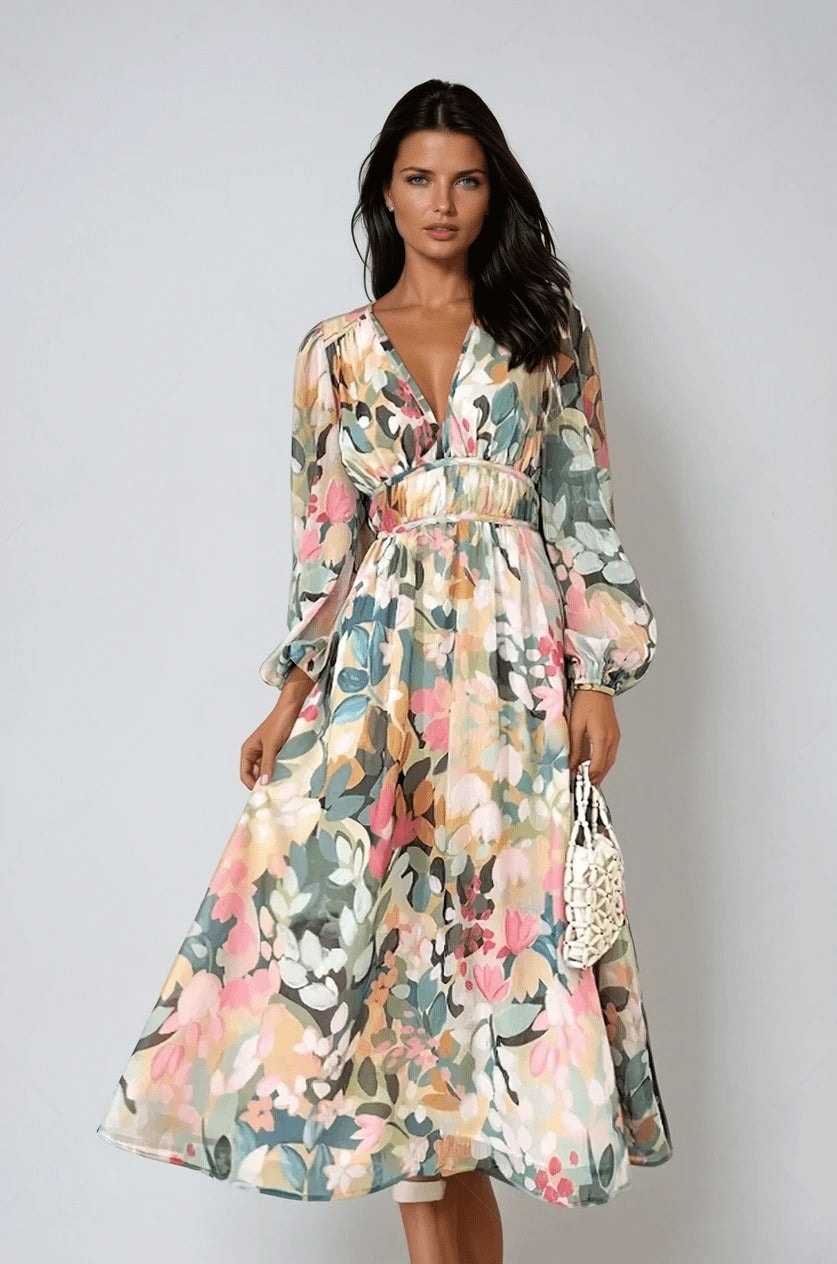 Floral Print Long Sleeve Chiffon Midi Christmas Party Dress for Special Occasions