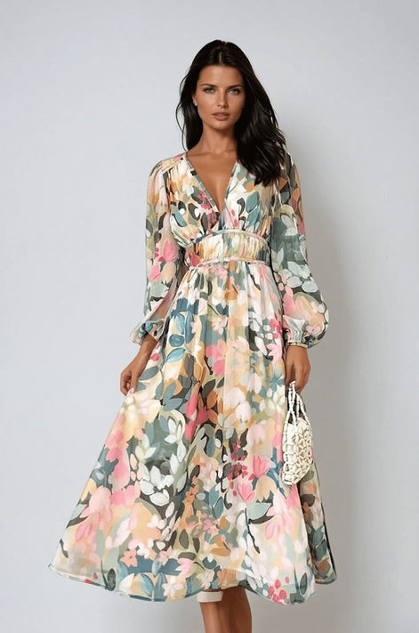 Floral Print Long Sleeve Chiffon Midi Christmas Party Dress for Special Occasions