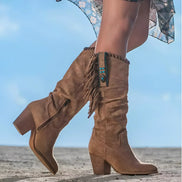 Fringe Detail Suede Brown Boots with Block Heel for Women