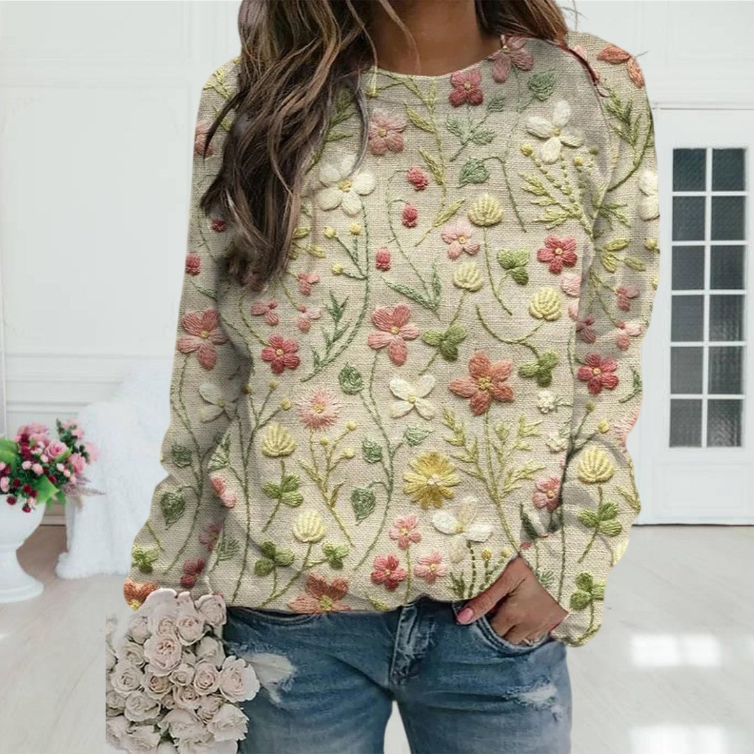 Madeline Floral Knit Crew Neck Long Sleeve Blouse for Women