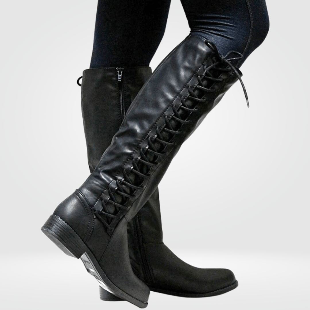 Knee-High Lace-Up Faux Leather Brown Boots with Side Zip for Women