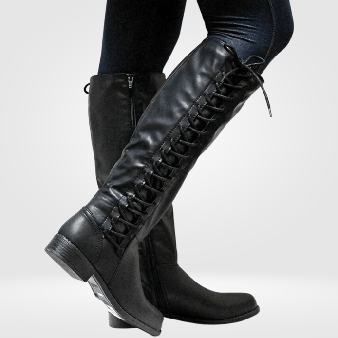 Knee-High Lace-Up Faux Leather Brown Boots with Side Zip for Women