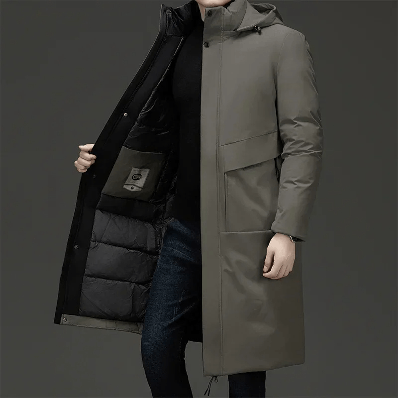 Padded Hooded Long Mens Coats with Drawstring Hem in Polyester