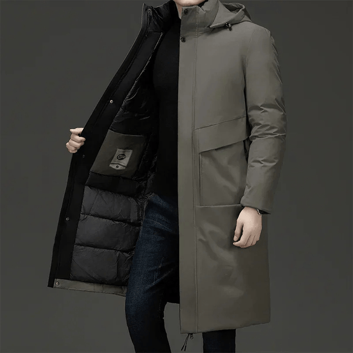 Padded Hooded Long Mens Coats with Drawstring Hem in Polyester