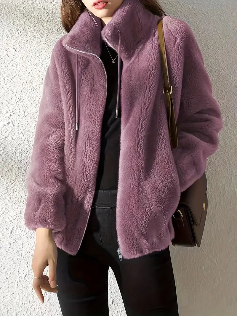 Phoebe Faux Fur Zip-Up Winter Coat with Stand Collar for Women