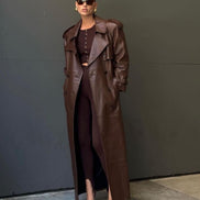 Longline Double-Breasted Leather Coat for Women