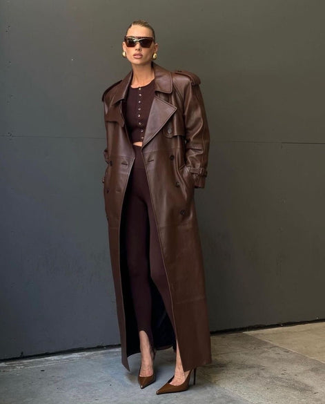 Longline Double-Breasted Leather Coat for Women