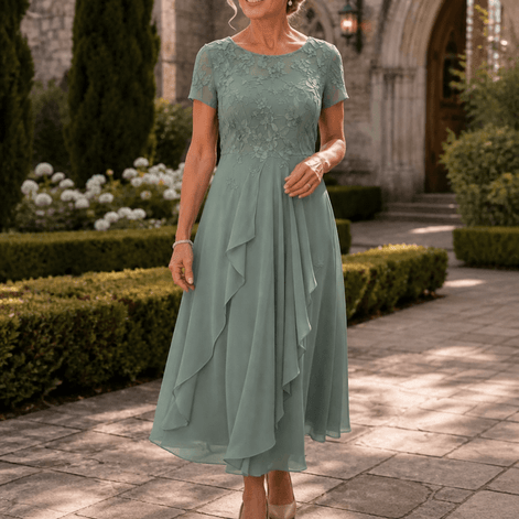 Women's Lace Bodice Chiffon Dress with Ruffled Hem