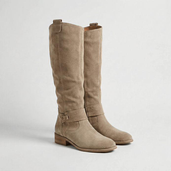 Women's Knee-High Suede Boots with Buckle Strap Detail