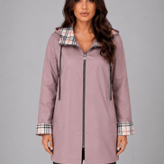 Women's Hooded Longline Jacket with Check Trim for Rainy Weather