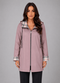 Women's Hooded Longline Jacket with Check Trim for Rainy Weather
