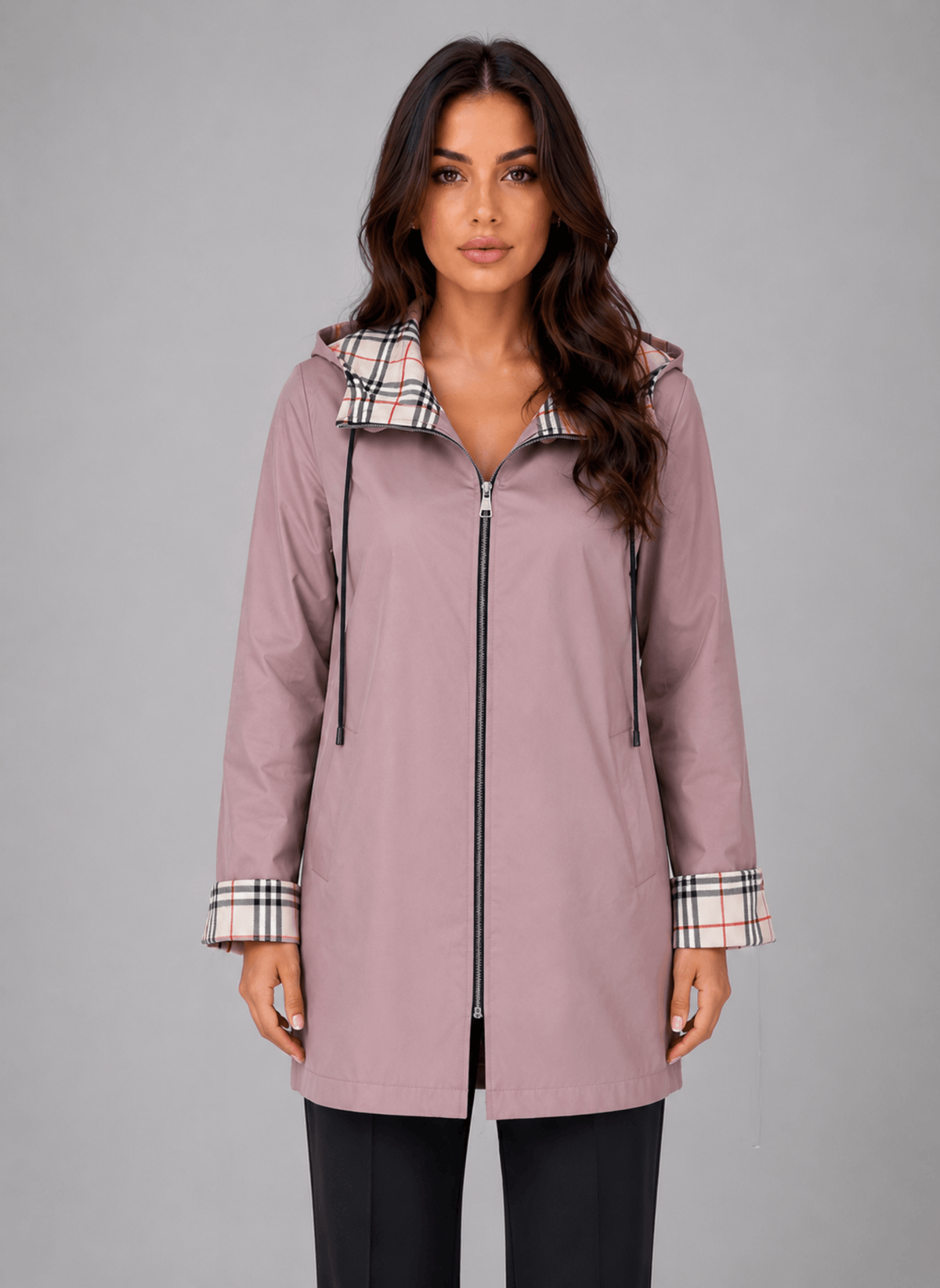 Women's Hooded Longline Jacket with Check Trim for Rainy Weather