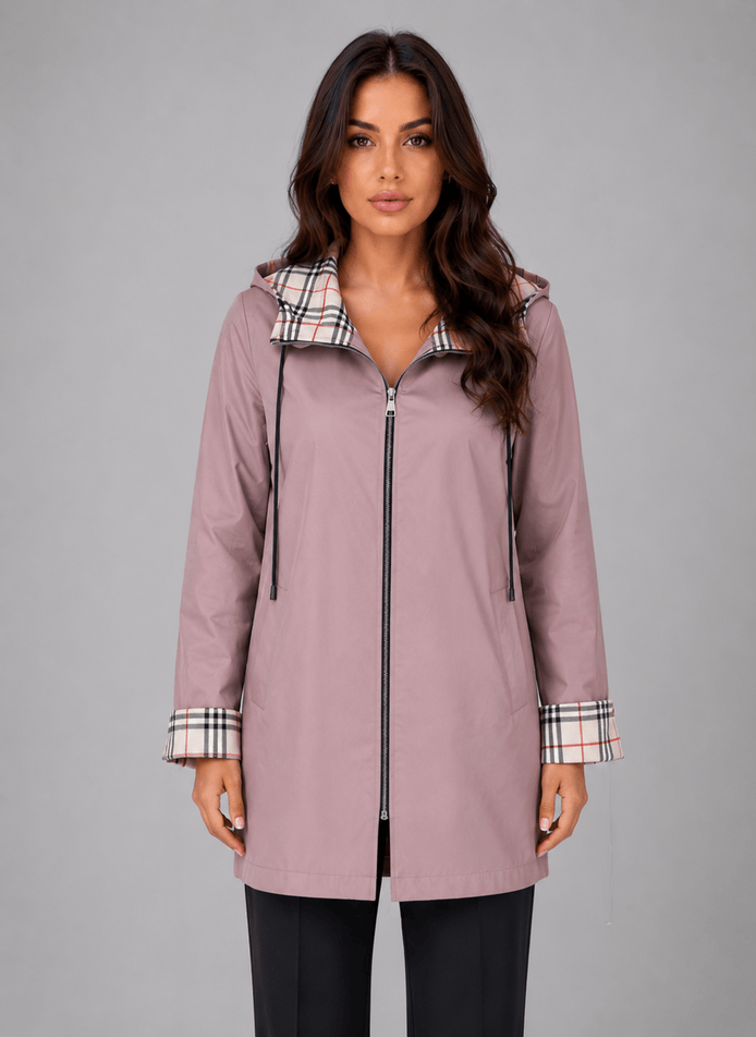 Women's Hooded Longline Jacket with Check Trim for Rainy Weather