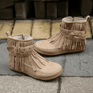 Black Suede Fringe Ankle Boots with Buckle Strap Detail