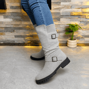 Women's Ribbed Cuff Lug Sole Slouch Boots with Buckle Detail