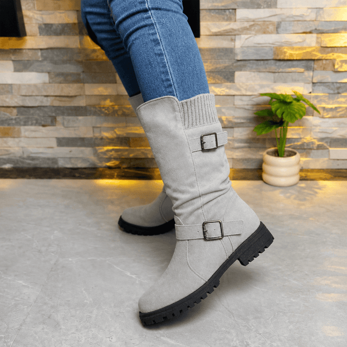 Women's Ribbed Cuff Lug Sole Slouch Boots with Buckle Detail