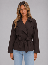 Women's Cropped Double-Breasted Trench Coat with Tie Waist