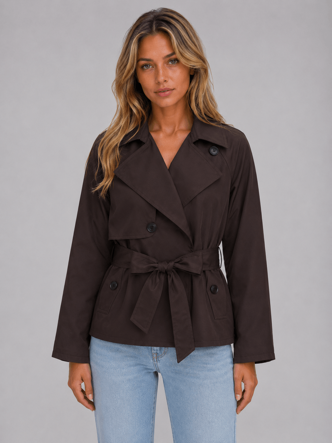 Women's Cropped Double-Breasted Trench Coat with Tie Waist