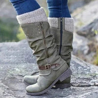 Women's Knee-High Slouch Boots with Knit Cuff and Buckle Strap